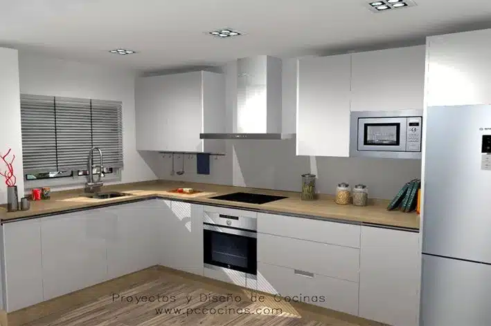 cocina 3d blanca y encimera marron