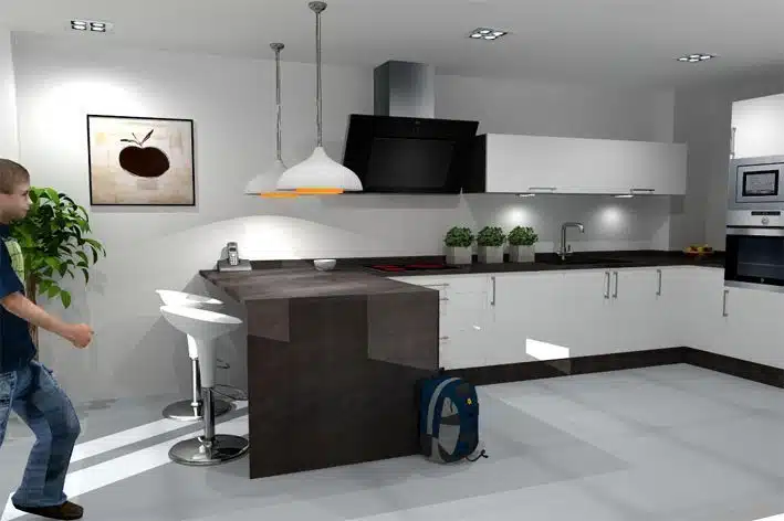 cocina 3d blanca y porcelanico