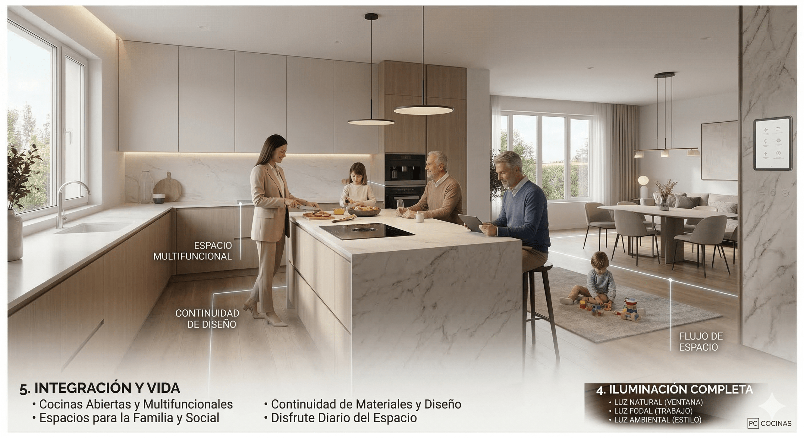 Diseño de cocina moderna con isla y guías de planificación técnica de PC Cocinas.